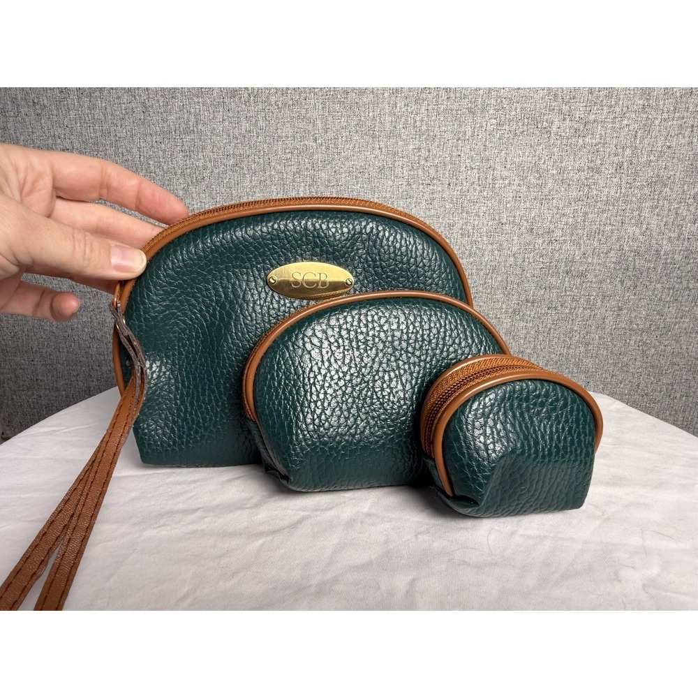 Vintage Leatherette Set‎ Of 3 Make Up Faux Leather Pebble Bags - Green & Brown